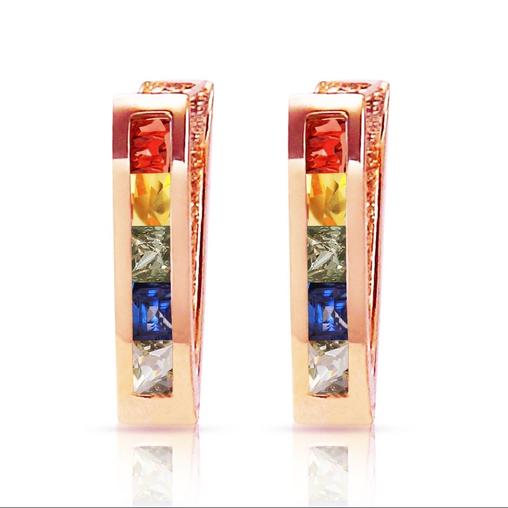 🌈⭐️14K GOLD HUGGIE EARRING MULTI COLOR SAPPHIRES - Picture 1 of 3
